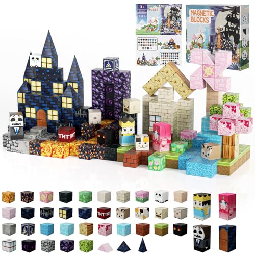 Vkechh Magnetische Bausteine 220 stück Mine Magnetic Blocks Set Rosa Wald & Zauberburg magnetbausteine,Magnetblöcke ab 4 5 6 7 Jahren,Kreativ Building Cubes Geschenke für Kinder von Vkechh