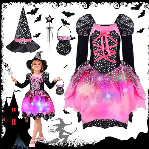 Vleuexe Hexenkostüm Mädchen mit Lichter,Kostüm Halloween Hexenkostüm Kinder Halloween Kostüm Set 5 teilig,Mädchen Fasching Cosplay Karneval Party Glitzer mit Hexenhut& Zauberstab Zauberer Kostüm120cm von Vleuexe