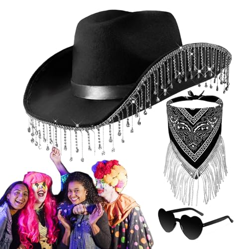 Vllold Cowgirl-Hut für Party – Set mit Strass-Cowgirl-Schal, Herz-Brille, Halloween-Maskerade, Abschlussfeier, Cosplay-Zubehör von Vllold