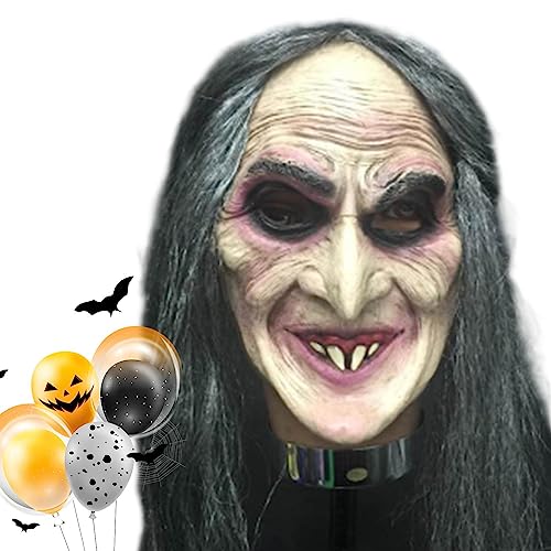 Vllold Gruselige Halloween-Gesichtsbedeckung - Hexe Halloween Gruselige Gesichtsbedeckung | Latex Alte Frau Kopfbedeckung mit Haaren, Horror Kostüm Dress Up Requisiten für Halloween Party von Vllold