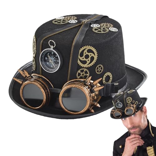 Vllold Steampunk-Hüte für Herren, Kostüm-Kopfbedeckung, Halloween-Hut mit abnehmbarer Brille, Zeitreisender, ausgefallenes Kostüm, Steampunk-Zubehör für Halloween-Maskerade von Vllold