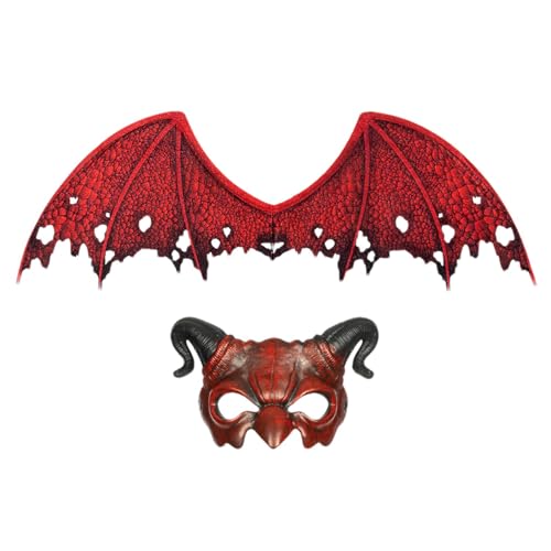 Vllold Teufelskostüm Flügel, Teufelsflügel und Gesichtsbedeckung - Teufel Cosplay Kostüm halbe Gesichtsbedeckung und Flügel | 2-teiliges rotes Set, Fotografie-Requisite für Halloween-Partys, Maskerade von Vllold