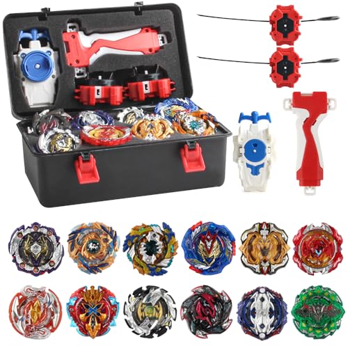 Vmxlso 12 in 1 Kampfkreisel Set, Metal Kreisel Koffer Battle Set mit 2 Launcher Griff und Tragbare Aufbewahrungsbox, Geschenk Weihnachten für Kinder Ab 6 Jahren von Vmxlso
