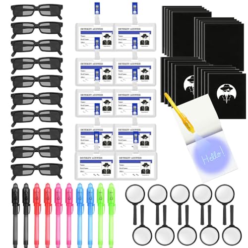 Vmxlso 60STK Detektiv Set Kinder, Detektiv Geburtstag Mitgebsel, Dedektivset Kinder mit Stift, Notizbuch, Agent Brille, Detektivausweis mit Clip & Lupen, Detektiv Kindergeburtstag Gastgeschenke von Vmxlso