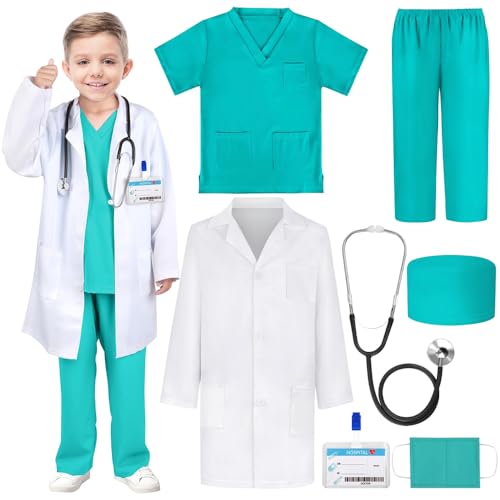 Vmxlso 7-teiliges Arzt-Kostüm für Kinder, mit Laborkittel, Stethoskop, medizinischer Kappe, Maske, Karte, Arzt-Kostüm, Kinder für Jungen von 9–10 Jahren, für Halloween, Cosplay-Party Vmxlso 7-teiliges Arzt-Kostüm für Kinder, mit Laborkittel, Stethoskop, medizinischer Kappe, Maske, Karte, Arzt-Kostüm, Kinder für Jungen von 9–10 Jahren, für Halloween, Cosplay-Party von Vmxlso