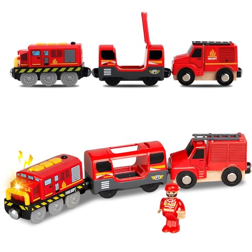 Vmxlso Eisenbahn Kinder Elektrisch FeuerwehrLöschzug, Magnetanschluss Holzeisenbahn Elektrische Lok, Elektrische Eisenbahn Kinder mit Licht und Sound, Kompatibel mit Thomas, Brio, Chuggington von Vmxlso
