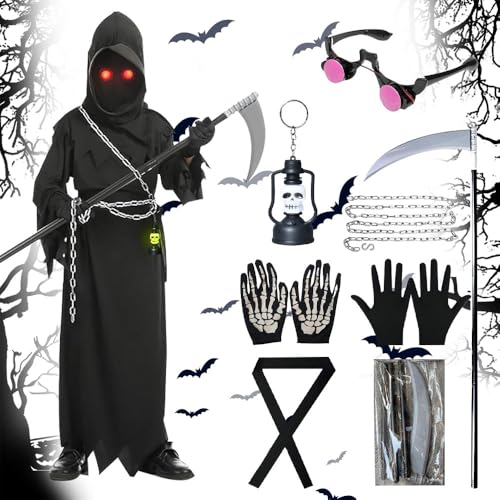 Vmxlso Sensenmann Kostüm Kinder, Karneval Kostüm Kinder Sensenmann, Karneval Sensenmann Kostüm, mit Kapuze, Leuchtenden Augen, Handschuhe, Sense, Grim Reaper Costume für Karneval Party von Vmxlso