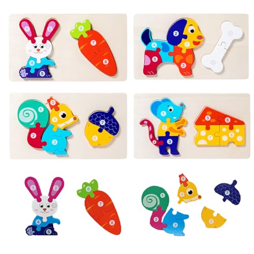 Vndnsy 4-teiliges Holzpuzzle für Kleinkinder, Montessori-Spielzeug, Holztierpuzzle für Kinder (Eichhörnchen, Maus, Kaninchen, Welpe) für 2–4-jährige Jungen und Mädchen, pädagogisches Farbformspielzeug von Vndnsy