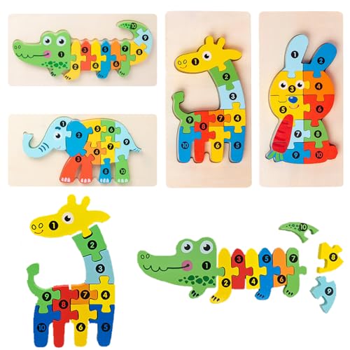 Vndnsy 4-teiliges Holzpuzzle für Kleinkinder, Montessori-Spielzeug, Holztierpuzzle für Kinder (Giraffe,Kaninchen,Elefant,Krokodil) für 2–4-jährige Jungen und Mädchen pädagogisches Farbformspielzeug. von Vndnsy