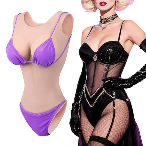 Vnmcry Silikonbrüste Crossdresser Badeanzug Bodysuit Künstliche Gefälschte Vagina Weiblicher Aussehensanzug Falsche Brust mit Baumwollfüller Prothese für Transgender (Beige Haut - D Cup) von Vnmcry