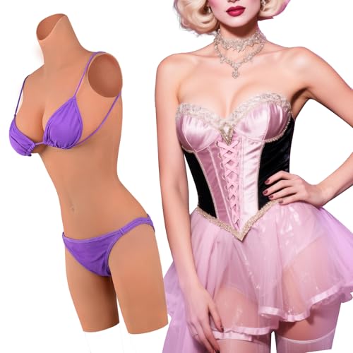Vnmcry Silikonbrüste Crossdresser Stehkragen Bodysuit Künstliche Gefälschte Vagina Weiblicher Aussehensanzug Falsche Brust mit Gelfüller Prothese für Transgender (Gebräunte Haut - B Cup Größe M) von Vnmcry