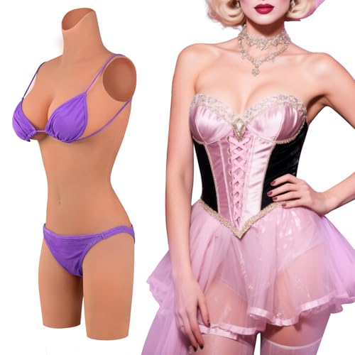 Vnmcry Silikonbrüste Crossdresser Stehkragen Bodysuit Künstliche Gefälschte Vagina Weiblicher Aussehensanzug Falsche Brust mit Gelfüller Prothese für Transgender (Gebräunte Haut - B Cup Größe S) von Vnmcry