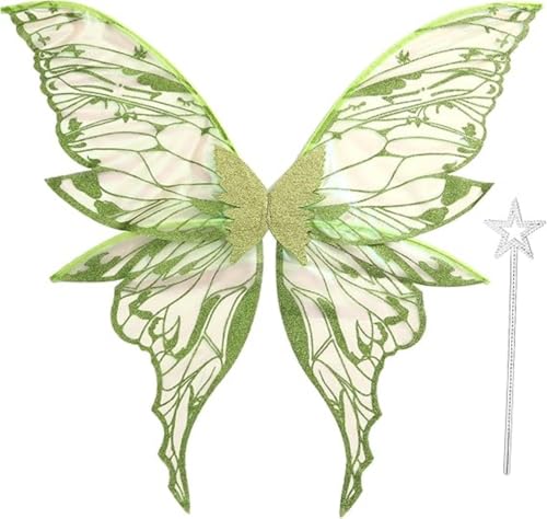 Vnnigmn Feenflügel für Erwachsene, 80 x 74,9 cm, Feen-Prinzessinnen-Kostüm-Set, glänzend, transparent, Schmetterlingsflügel für Halloween, Geburtstag, Weihnachten, Party, Cosplay (grün) von Vnnigmn