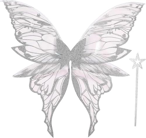 Vnnigmn Feenflügel für Erwachsene, 80 x 74,9 cm, Feen-Prinzessinnen-Kostüm-Set, glänzend, transparent, Schmetterlingsflügel für Halloween, Geburtstag, Weihnachten, Party, Cosplay (weiß) von Vnnigmn