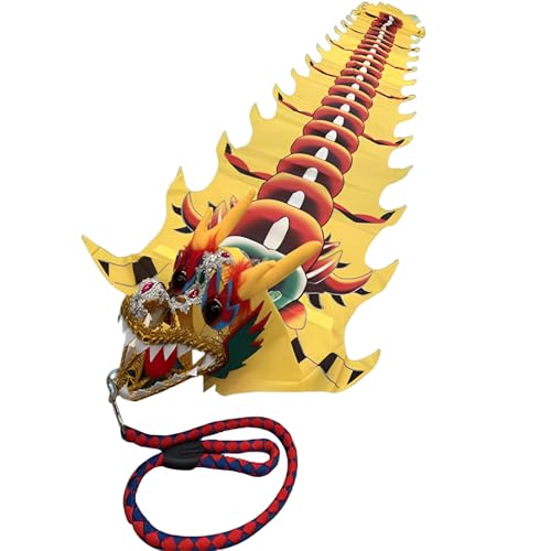Vnook 8m Drachentanzband Drachen-Poi Mit 3D-Drachenkopf Und Schaukelseil, Tragbarer Kunst-Streamer,Outdoor-Fitness-Bühnen-Requisiten-Set für Fitness, Jonglieren(Yellow) von Vnook