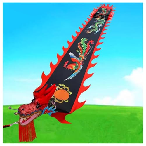 Vnook Drachen-Poi mit 3D-Kopf, waschbarer Langer Streifen, Square Dance, Drachenband, Tanz, Fitness, ältere Menschen, Farbiger Seidendrachentanz(Black,6m) von Vnook