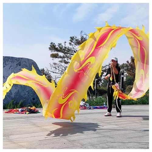 Vnook Drachenband-Poi,Schleudernder Drachenstreamer, Mit 3D-Drachenkopf Und Schaukelseil, Sport Fitness Drachentänzer Streamer Set für Den Park/Hof/Strand(Yellow,10m) von Vnook
