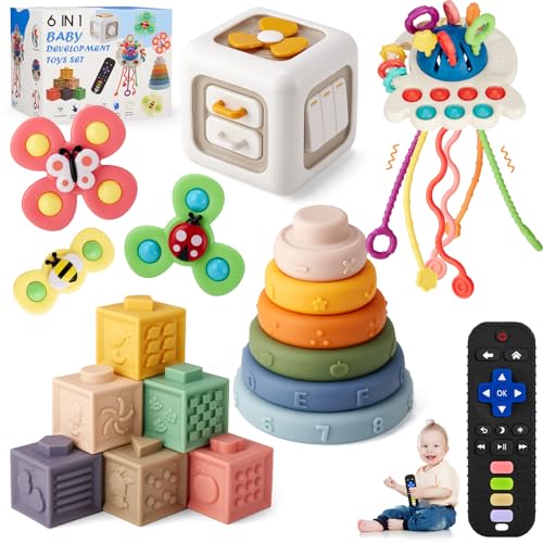 VoMii 18Pcs Baby Spielzeug 6-12-18 Monate, Montessori Spielzeug für Babys Neugeborenen Beißring Sortieren Stapeln Blöcke Spinner Aktivität Würfel Pull Push Sensorik für Kleinkinder 1-2-3 Jahre von VoMii