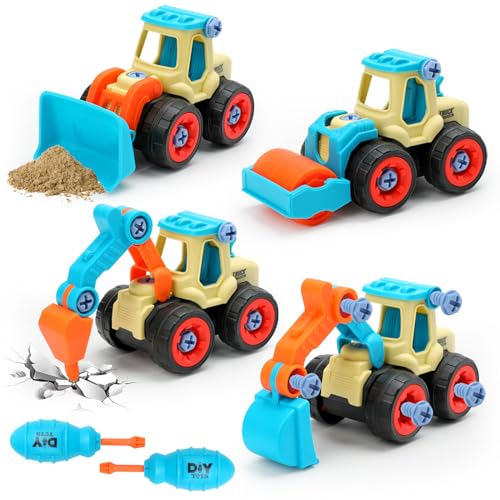 VoMii 4 in 1 Bagger Zerlegen Spielzeug Ab 3-5 Jahre - Baufahrzeuge, LKW, Sandkasten, DIY Auto - Geschenk für Jungen von VoMii