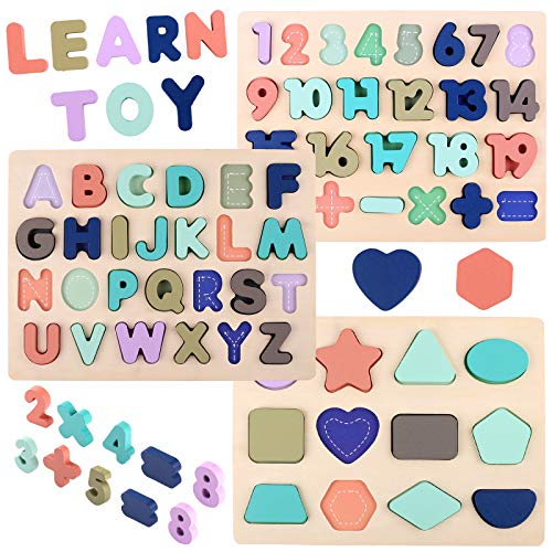 Voamuw Holzpuzzle für Kleinkinder, hölzerne Alphabet-Zahlen-Form-Puzzle für 3 4 5 Jahre alte Kinder, Montessori Spielzeug Lernspielzeug Lerngeschenk für Jungen Mädchen (Set von 3) von Voamuw