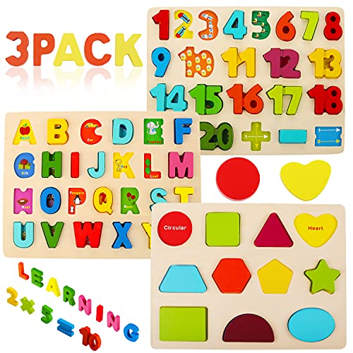 Voamuw Holzpuzzles für Kleinkinder, hölzerne Buchstaben-Zahlen-Form Puzzle für 3 4 5 Jahre alte Kinder, Montessori Spielzeug Lerngeschenk für Jungen Mädchen (3er-Set) von Voamuw