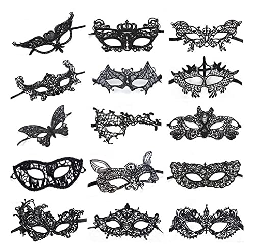 Voarge 15 Stück Masken mit schwarzer Spitze, sexy, Maskerade, für Karneval, Halloween, Party, Weihnachten, verschiedene Modelle von Voarge