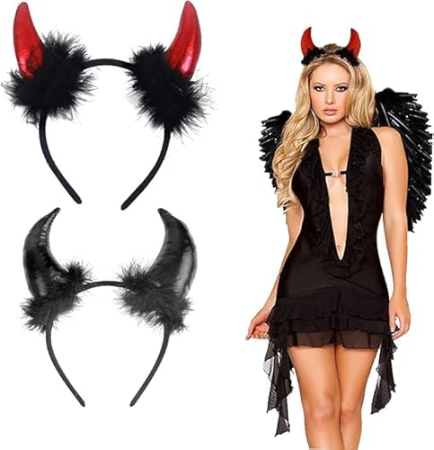 Voarge 2 StückeTeufelshörner Haarreif,Plüsch in schwarz rot - Teufelshörner,Karneval Halloween Party Kostüm Haarschmuck Stirnband Headwear Hörner von Voarge