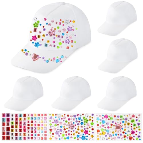 Voarge 6 Stück Kinder Kappen zum Bemalen,DIY Baseballkappe,Baseballcap Anstrich Hut Mütze Kinder Baseballmütze mit 3 Pcs Edelstein Aufklebern von Voarge