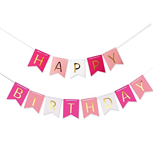 Voarge Happy Birthday Banner Girlande Geburtstag, Pink Rosa Weiß Gold - Geburtstag Party Deko für Geburtstagsfeier Dekorationen, Happy Birthday Girlande Banner Geburtstag Dekorationen von Voarge