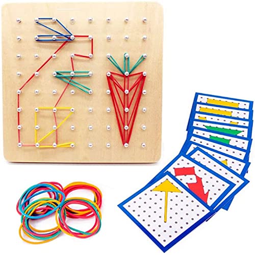 Voarge Lernspielzeug aus Holz,8 x 8 stifte geometriebrett Form Puzzle Brett inspirieren die Phantasie und kreativität des kindes,hölz geoboard mit aktivitäts Muster Karten und Gummi bändern von Voarge