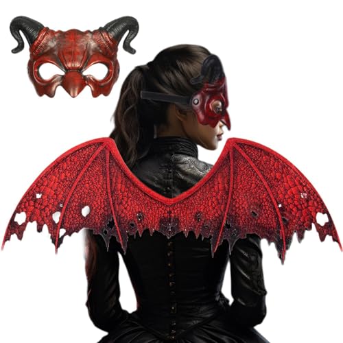 Voihamy Teufelsflügel und Gesichtsbedeckung, Teufelskostümzubehör,Vliesstoff mit gruseligem Teufelsflügel und Gesichtsbedeckung | Rotes 2-teiliges Set, Kostümzubehör, Fotografie-Requisite für von Voihamy