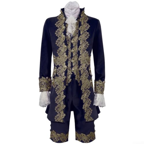 Volakebeing Englischer Gentleman-Cosplay-Anzug für Herren, viktorianisches Renaissance-Tudor-Rokoko-Kostüm, langärmelig, Stehkragen, Mantel, Weste, Hose, Set, Urlaubsparty-Kostüm (L blau) von Volakebeing