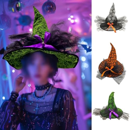 Volakebeing Halloween-Hexenhut mit Spinnennetz und Gaze-Kürbis-Design, Filzmaterial, 58–60 cm, für Erwachsene und Kinder, gruseliges Kostümzubehör für Partys und Süßes oder Saures (grün) von Volakebeing