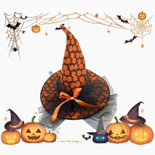 Volakebeing Halloween-Hexenhut mit Spinnennetz und Gaze-Kürbis-Design, Filzmaterial 58–60 cm, für Erwachsene und Kinder, gruseliges Kostümzubehör für Partys und Süßes oder Saures Volakebeing Halloween-Hexenhut mit Spinnennetz und Gaze-Kürbis-Design, Filzmaterial 58–60 cm, für Erwachsene und Kinder, gruseliges Kostümzubehör für Partys und Süßes oder Saures von Volakebeing