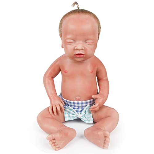 Vollence 46 cm schlafende VollSilikon Babypuppen mit Haaren, Nicht Vinyl Puppen, Augen geschlossen Realistische Reborn Baby Puppen, Neugeborenes Baby Puppe, Real Lifelike Baby Puppen - Junge von Vollence