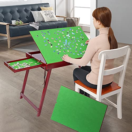 Puzzletisch aus Holz für Erwachsene,Großer Tragbarer Klapptisch mit Aufbewahrung und Abdeckung, Puzzle-Zubehör für Spielzimmer-Möbel (für 1000 STÜCKE, mit Schublade, Grün) von Volowoo