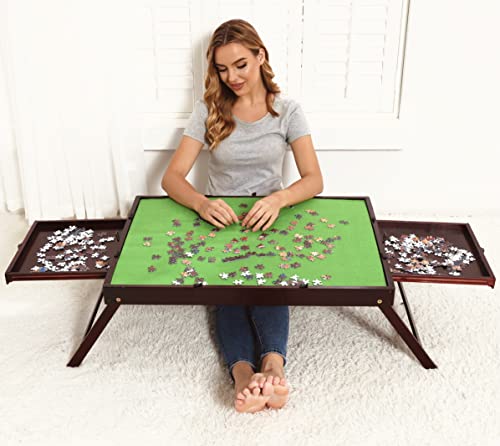 Puzzletisch aus Holz für Erwachsene,Großer Tragbarer Klapptisch mit Aufbewahrung und Abdeckung, Puzzle-Zubehör für Spielzimmer-Möbel (für 1000PCS mit Schubladen und Beinen, Grün) von Volowoo