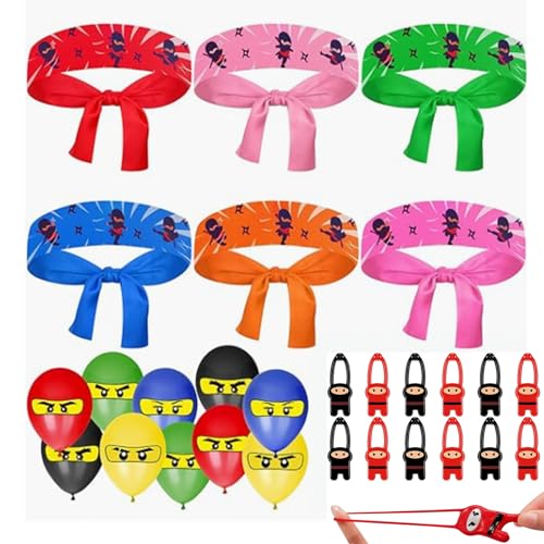 Ninjaoo Geburtstagsdeko Ninja Kindergeburtstag,Kindergeburtstag Mitgebsel,12 Stück Ninja Stirnband Kinder Kopfband,20 Ninja Luftballons Party-mitgebsel Geburtstag Partydeko,12 Fliegende Spielzeug von Vomkela