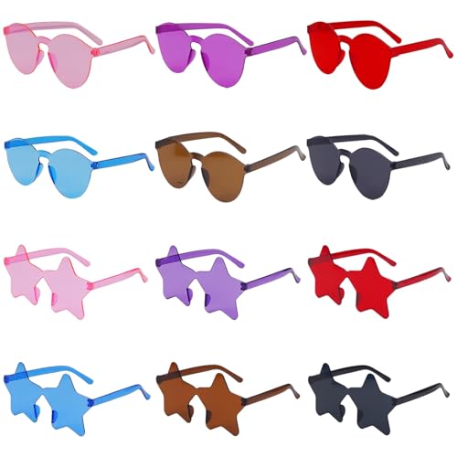 Vookkp 12 Paar Bunte Party Sonnenbrillen, Magische Farben Party Brille, Partybrillen Erwachsene Kinder, Randlose Sonnenbrillen 2-Stile/Stern/Rund, Hippie Brille für Fasching Foto Requisiten von Vookkp