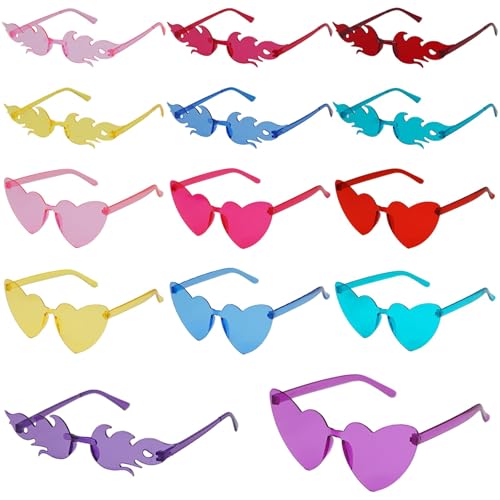 Vookkp 14 Paar Bunte Party Sonnenbrillen, Magische Farben Party Brille, Partybrillen Erwachsene Kinder, Randlose Sonnenbrillen 2-Stile/Herz/Flamme, Hippie Brille für Fasching Foto Requisiten von Vookkp