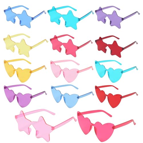Vookkp 14 Stück Herz Sonnenbrille, Party Brille Herz/Stern, Partybrillen Erwachsene Kinder, Randlose Sonnenbrillen, Hippie Brille für Fasching, Foto Requisiten, Geburtstag von Vookkp