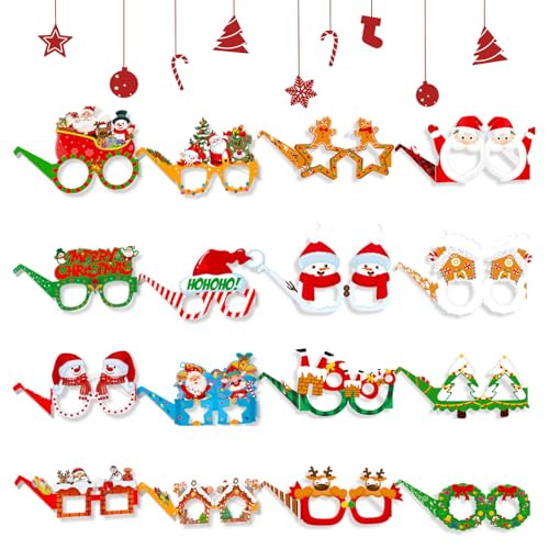 Vordpe 16 Stück Weihnachtsbrille Brille Dekorationen, Party Brillen, Weihnachtsmütze Dekoration Brillen, Lustige Papiergläser Foto Requisiten Karneval und Geburtstagsfeier (Weihnachts) von Vordpe
