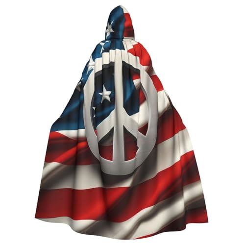 Hexenumhang mit Friedenszeichen, amerikanische Flagge, Halloween-Kostüm, Kapuzenumhang Hexenumhang mit Friedenszeichen, amerikanische Flagge, Halloween-Kostüm, Kapuzenumhang von Vortithora