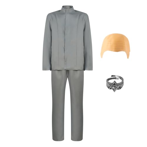 Böser Doktor Kostüm für Herren, 60er-Jahre, Schurken-Mantel, Hose, Anzug, Ring, Glatze, Mütze, Halloween, Karneval, lustiges Outfit, Grau, Größe 3XL von Voslett