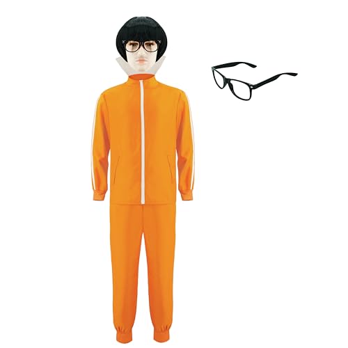 Voslett Herren Vector Kostüm Orange Trainingsanzug Schwarze Pilzperücke Linsenlose Brille Halloween Karneval Events Party Outfit S von Voslett