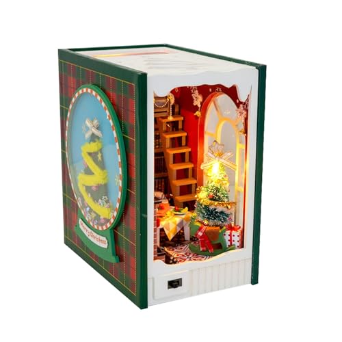 Bücherregal-Einsatz | Miniatur-Puppenhaus aus Holz für Weihnachten | Kreative Buchecke mit eingebautem Licht, einzigartige Bücherregal-Dekoration für Zuhause, perfekt, um jedem Laune und Charme von Vriusi