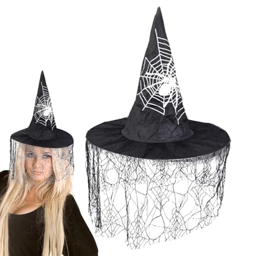 Hexenhut-Zubehör, breite Krempe, Halloween-Kostümhut, Zauberer-Partyhut, Schleier, Hexenhut, Maskeradehut, Zubehör, Hexenhut, Schleier, gruseliger Partyhut, Halloween, Hexe, Kopfbedeckung, Zauberer von Vriusi