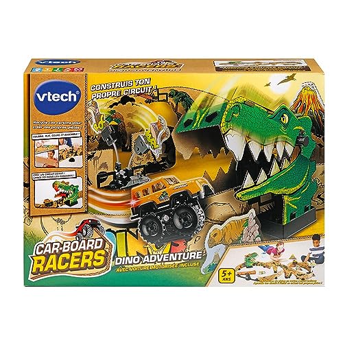 VTech - Car-Board Racers, Rennstrecke Dino Adventure, Rennstrecken aus recyceltem Karton, unbegrenzt erweiterbar, mit motorisiertem Geländewagen, Geschenk für Kinder ab 5 Jahren – Inhalt auf von Vtech