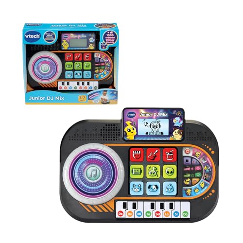 VTech Junior DJ Mix, DJ-Konsole für Kinder, Aufnahmetaste, DJ Mix für Kinder mit Klaviertasten, LCD-Display und Teller mit beleuchteter Scheibe, italienische Sprache, Batterien im Lieferumfang von Vtech