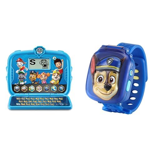 VTech PAW Patrol Lernlaptop – Lerncomputer mit den Originalstimmen der PAW Patrol und Spielen zum Lernen von Buchstaben, Zahlen & PAW Patrol Chase-Lernuhr – Digitale Kinderuhr mit Timer, Stoppuhr von Vtech